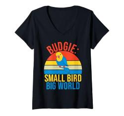 Damen Small Bird Big World Wellensittich T-Shirt mit V-Ausschnitt von Budgie Gift