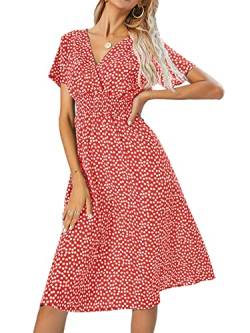 Buicare Damen Kleider V Ausschnitt Sommerkleid Kurzarm A-Linien-Kleid mit Blumenmuster Knielang Sommerkleider Swing Strandkleid Freizeitkleider (S) von Buicare