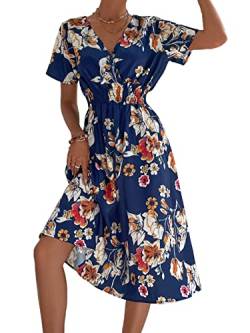 Buicare Damen Kleider V Ausschnitt Sommerkleid Kurzarm A-Linien-Kleid mit Blumenmuster Knielang Sommerkleider Swing Strandkleid Freizeitkleider (S) von Buicare