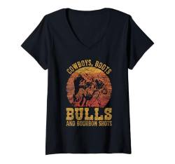 Damen Cowboys, Boots, Bulls & Bourbon Shots Rodeo Bull Rider T-Shirt mit V-Ausschnitt von Bulldoggers, Steer Wrestling Lovers Design