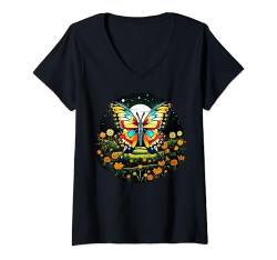 Damen Schmetterling Bunte Blume Natur T-Shirt mit V-Ausschnitt von Butterflies Aesthetic Design Ideas