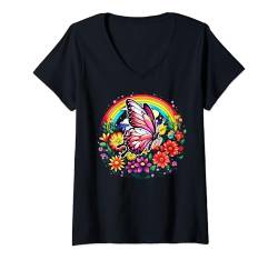 Damen Schmetterling Bunte Blume Natur T-Shirt mit V-Ausschnitt von Butterflies Aesthetic Design Ideas