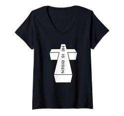 Damen Er ist auferstanden Portrait Text Cross T-Shirt mit V-Ausschnitt von Buy Cool Shirts