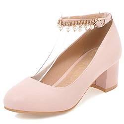 Bviennic Damen Elegant Knöchelriemchen Closed Toe Hochzeit Schuhe Formal Block Mitte Absatz Bride Pumps Prom Kleid Pink Gr 40.5 Eu-42Cn von Bviennic