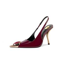 CAGLGLZ Damen Slingback Stiletto High Heels Kristall Metallic Geschlossene Spitze Pumps Lackleder Slip on Elastisch Riemen Absatz Sandalen Mode Party Kleid Schuhe für Frauen, Burgunder, 37.5 EU von CAGLGLZ