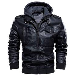 CARWORNIC Herren Lederjacke Winterjacke Motorradjacke Für Herren Schwarz Braun Warme Kunstlederjacke Bikerjacke mit Abnehmbarer Kapuze von CARWORNIC