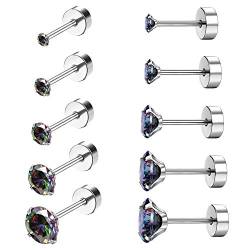 CASSIECA 5 Paare 18G Edelstahl CZ Ohrstecker für Damen Herren Knorpel Helix Ohrringe Set Runder Zirkonia Screwback Flat Back Ohrstecker Piercing von CASSIECA