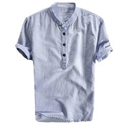 Herren Leinenhemd Ohne Kragen, Kurzärmelig Sommer Button Down Henley Strandhemd Sommerhemd mit Knopfleiste Leicht Freizeit Lässig Casual Urlaubshemd Bügelleicht Herrenhemd Elegant Kurzarm Leinen Hemd von CCOOfhhc