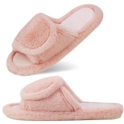 CCSOFTIME Hausschuhe Damen Flauschige Weite Winter Warme Pantoffeln, Offene Memory Foam Plüsch Pantoletten mit Klettverschluss für Diabetiker Indoor Outdoor,Rosa Gr.36/37 von CCSOFTIME