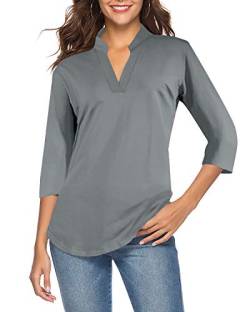 CEASIKERY Damen-Top mit 3/4-Ärmel und V-Ausschnitt, lässige Tunika, lockere Bluse, Shirt, Grau, Mittel von CEASIKERY