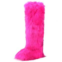 CEPEPRIN Damen Kunstpelz Stiefel Furry Fuzzy Schneestiefel Flauschige Winterstiefel Warm Bequem Kniehohe Stiefel Outdoor Indoor Flache Schuhe, Pink, 41 EU von CEPEPRIN