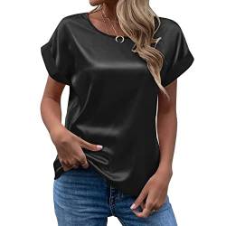 CGGMVCG Frauen Sommer Tops Frühling Sommer Damen Kurzarm Seide Satin Shirt Lose Casual Rundhals Blusen, Schwarz, S von CGGMVCG