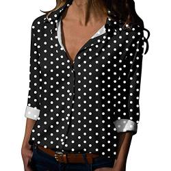 CGGMVCG Schwarzes Button-Down-Shirt für Damen, Frühling, Sommer, gepunktet, langärmelig, V-Ausschnitt, Oberteil, Bluse, Damen, Langarm-Tops, Schwarz, Mittel von CGGMVCG