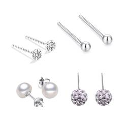 4 Paare Basic Damen Ohrringe Sterling Silber Ohrringe mit Zirkonia Kristall Perlen Ohrstecker Set Kleine Kug-el Ohrringe Ohrringe Stecker für Damen Frauen Mädchen von ＣＨＡＭＥＥＮ