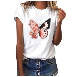 CHAOEN Tshirt Damen Sommer Kurzarm Rundhals Mode Motiv Oberteil Tops Elegant Katzen Mond und Sterne Pusteblume Feder Herz Muster T-Shirt Baumwolle Tee Shirts Lässig Loose Tunika Tshirt Damen Weiss von CHAOEN