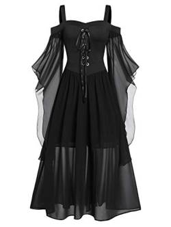 CHARMMA Gothic Halloween Kleid Kostüm Damen,Übergröße A-Linie Schnüren Maxi Kleider mit Schmetterlingsärmeln für Frauen,Festliches Vintage Schwarz Hexenkleid Cosplay Club Party Kostüme (Schwarz, 5XL) von CHARMMA