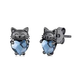 Katzen Ohrringe Mädchen 925 Silber Schwarze Katze Ohrstecker Hypoallergen Blau Kristall Stecker Katzen Schmuck Tier Geschenke für Kinder Damen… von CHENGHONG