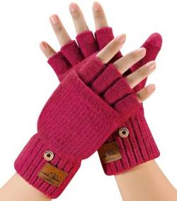 CHENMEI Fingerlose Handschuhe Herren und Damen - Halbfingerhandschuhe mit Kappe,Winter Flip Handschuhe mit Berührung,Fäustlinge Handschuhe mit Alpakawolle,Winterhandschuhe für Damen Herren (Rose) von CHENMEI