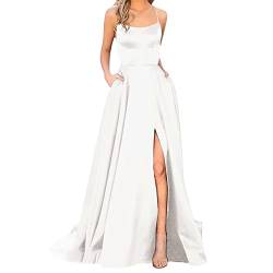 CHENSIYU Abendkleid Elegant für Hochzeit Damen Spaghettiträger Lange Ballkleider Satin A-Linie Brautjungfernkleider formeller Satin Abschlussball Abendkleider mit (White, L) von CHENSIYU