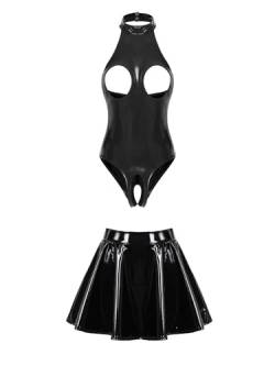 CHICTRY Damen Wetlook Leder Body Busenfrei Catsuit Mit Offenem Schritt Latex Faltenrock A Linien Minirock 2tlg Gogo Tanz Rave Outfits Schwarz M von CHICTRY