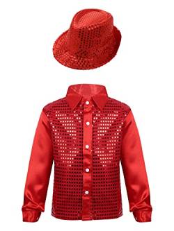 CHICTRY Kinder Junge Pailletten Hemd Langarm Reverskragen Disco Hemd Button Down Shirt Mit Hut Jazz Modern Performance Tanzkleidung Rot 134-140 von CHICTRY