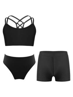 CHICTRY Kinder Mädchen Bikini Mit Shorts Crossover Bikini Oberteil Kurz Shirt Mit Hawaii Motiv Bikini Hose Und Schnelltrocknend Badeshorts Swimwear Schwarz 170-176 von CHICTRY