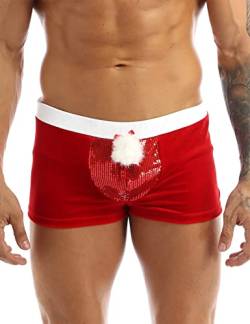 CHICTRY Weihnachts Unterhose Herren Sexy Bulge Pouch Trunk Short Samt Boxershorts Mit Eingriff Pailletten Glitzer Stretch Hot Pants Hipster Mit Plüschkugel Rot XL von CHICTRY