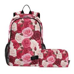 CHIFIGNO Schulrucksack mit rosa und roten Rosen und isolierter Lunchtasche für Mädchen und Jungen, Reise-Büchertasche, Kinder, Schultasche von CHIFIGNO