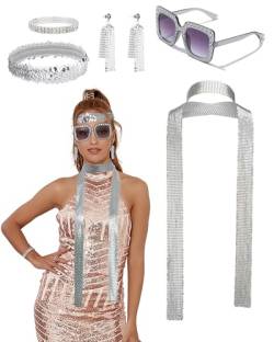 CHLINS 5 Stück 70er Jahre Disco Zubehör für Frauen Disco Ohrringe Diamant Sonnenbrille Pailletten Schal Armband Stirnband, silber, Einheitsgröße von CHLINS