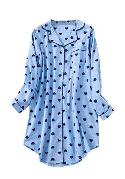 CHUNG Damen Nachthemd Langarm Knopfleiste Frauen Kariertes Schlafhemd Plaid Schlafshirt Tartan Pyjamas Flanell Baumwolle BluHeart XL von CHUNG