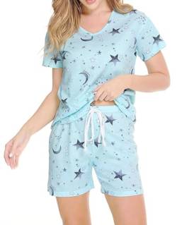 CHUNG Kurzes Pyjama-Set für Damen, Baumwolle, bedruckt, kurzärmeliges Oberteil, Pyjama-Shorts, 2-teilig, V-Ausschnitt, T-Shirt und Hose, Loungewear, Pj UK Sommer, Stern, 42 von CHUNG