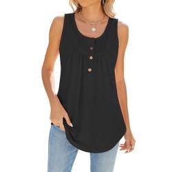 CIZEUR Sommer Tank Top Lang Damen Locker Oberteile Ärmellose V-Ausschnitt mit Knöpfen Tops Casual Elegant T Shirts Bluse,Schwarz M von CIZEUR