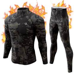 CL convallaria Thermounterwäsche Herren, Funktionsunterwäsche Skiunterwäsche Atmungsaktiv Innenfleece Thermo Unterwäsche Set Weich Thermounterhemd Thermounterhose für Männer, Rollkragen-Camo Schwarz von CL convallaria