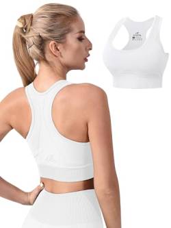 CLDFHX Damen Sport BH Nahtlos mit Polstern Ohne Bügel Flex Racerback Fitness BH Ohne Verschluss zum Yoga Joggen Laufen Pilates, Weiß, L von CLDFHX