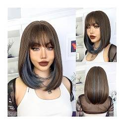 Perücke Braune Ombre-blaue kurze Bob-Haar-Perücke mit Pony, synthetische Perücken for Frauen, Lolita, Cosplay, tägliche natürliche hitzebeständige Faserhaare synthetische Perücken von CLoxks