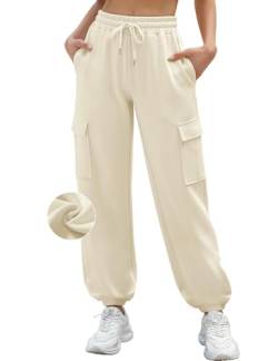 CMTOP Jogginghose Damen Baumwolle Cargohose Hohe Taille Sporthose Damen Lang Stoffhose Dick Bequeme Trainingshose Baggy Freizeithose Casual Winter Sweatpants mit Taschen, Kordelzug(Beige, XL) von CMTOP