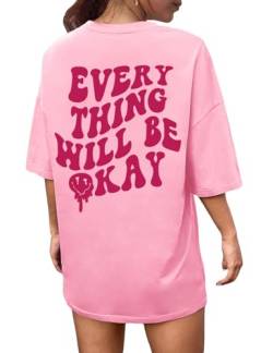 CMTOP T-Shirt Damen Oversize Shirt Hemden mit Kreativen Buchstaben Lose Rundhals Kurzarm Baumwolle Casual Tops Bluse Oberteil Sommer Basic Shirt Lang Top Sportshirt(Rosa,XL) von CMTOP