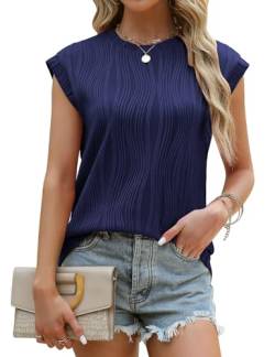 CMTOP Bluse Damen Sommer Kurzarm Ärmellose Tshirt Rundhals Elegant T Shirt mit Flügelärmeln Einfarbig Textured Oberteil Casual Basic T-Shirt(Marineblau, M) von CMTOP