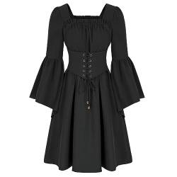 Damen Gothic Kleid Trompetenärmel Mittelalter Damen Kleidung Square Neck Vintage Kleid Gesmokte Taille Rüschen Retro Viktorianisches Renaissance Kleider Partykleid Cosplay Halloween Kostüm Hexenkleid von CNNBYYDS