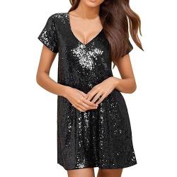 Paillettenkleider Damen Festlich Elegant Cocktailkleid Ballkleid Kurz Frauen Kurzarm V-Ausschnitt Glitzer Pailletten Kleider Locker T-Shirt Mini Kleid Partykleid Clubwear von CNNBYYDS