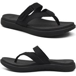 COFACE Flip Flops Damen Orthopädische Leder Stoff Leicht Zehentrenner Frauen Bequeme Plantarfasziitis Fussbett Breite Füße Badelatschen Sommer Strand Zehensandalen Rutschfest Gummi Sohle Schwarz 36 von COFACE