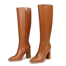 COLETER Damen kniehohe Stiefel, spitzer Zehenbereich, klobiger Gogo-Stiefel, Reißverschluss, Blockabsatz, hohe Kleiderstiefel, Braun, 37.5 EU von COLETER