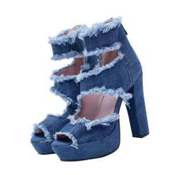 COLLBATH 1 Paar Hochhackige Sandalen Jeanssandalen Sandaletten Für Damen High Heels Klare Gelee-Sandalen Sommer Hausschuhe Klobige Blockabsätze Für Frauen Elegant Blue Sohle: Gummi von COLLBATH