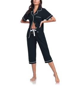 COLORFULLEAF 100% Baumwolle Damen Schlafanzug Sommer Kurz Zweiteiliger Pyjama Kurzarm Top und 3/4 Lange Capri Hose Nachtwäsche Set mit Knopf(Schwarz,XL) von COLORFULLEAF