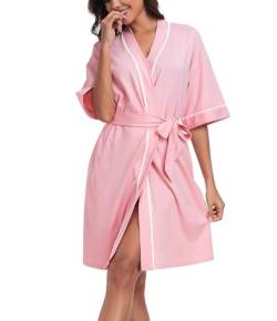 COLORFULLEAF 100% Baumwolle Morgenmantel Damen Leicht Kurz Bademäntel Sommer Kurzarm Sauna Kimono Weiche Dünn Frauen Nachtwäsche(Rosa M) von COLORFULLEAF