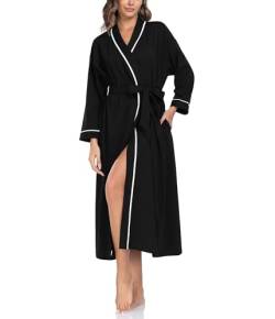 COLORFULLEAF Morgenmantel Damen Baumwolle Lang Bademantel für Frauen Leichter Langarm Elegant Saunamantel Kimono mit Taschen Bathrobe(Schwarz, XL) von COLORFULLEAF