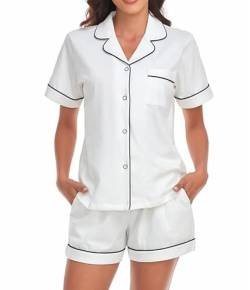 COLORFULLEAF 100% Baumwolle Pyjama Damen mit Knopfleiste Nachtwäsche Schlafanzug Damen Kurz Zweiteiliger Pjs Sets Hausanzug(Weiß,S) von COLORFULLEAF