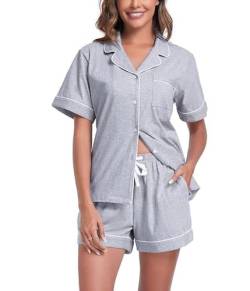 COLORFULLEAF Baumwolle Schlafanzug Damen Kurz Pyjama Damen Kurz mit Knöpfenp Shorty Pyjama Damen Sommer Kurzarm Hausanzug(Grau,XL) von COLORFULLEAF