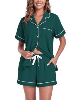 COLORFULLEAF Baumwolle Schlafanzug Damen Kurz Pyjama Damen Kurz mit Knöpfenp Shorty Pyjama Damen Sommer Kurzarm Hausanzug(Grün,XL) von COLORFULLEAF