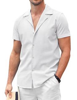 COOFANDY Hemd Herren Kurzarm Sommerhemd Leinen Casual Regular Fit Freizeithemden Einfarbig Button Down Urlaub Shirts Weiß XXL von COOFANDY